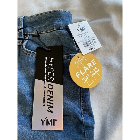 YMI Jeans Women Size L Blue Hyper Denim Long Bell Bottoms - Picture 7 of 12